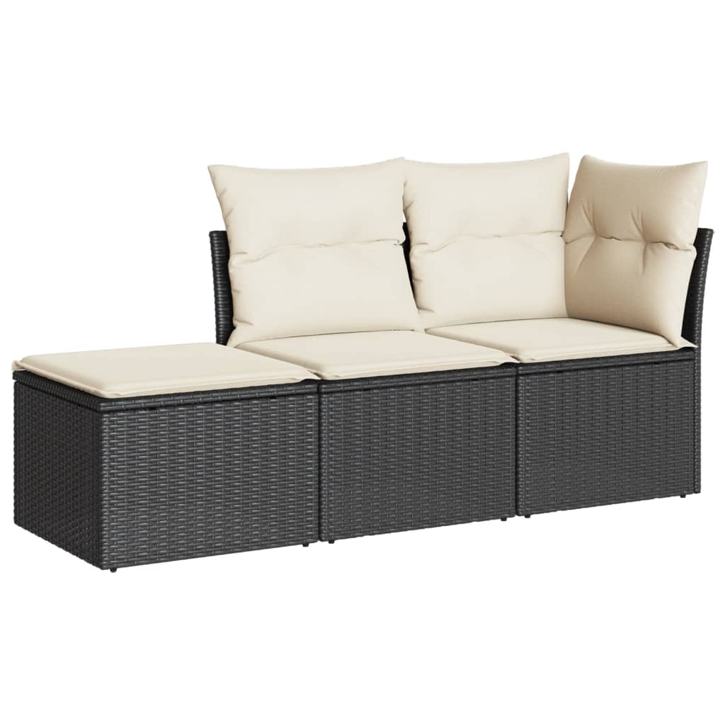 Set mobilier de grădină cu perne, 3 piese, negru, poliratan