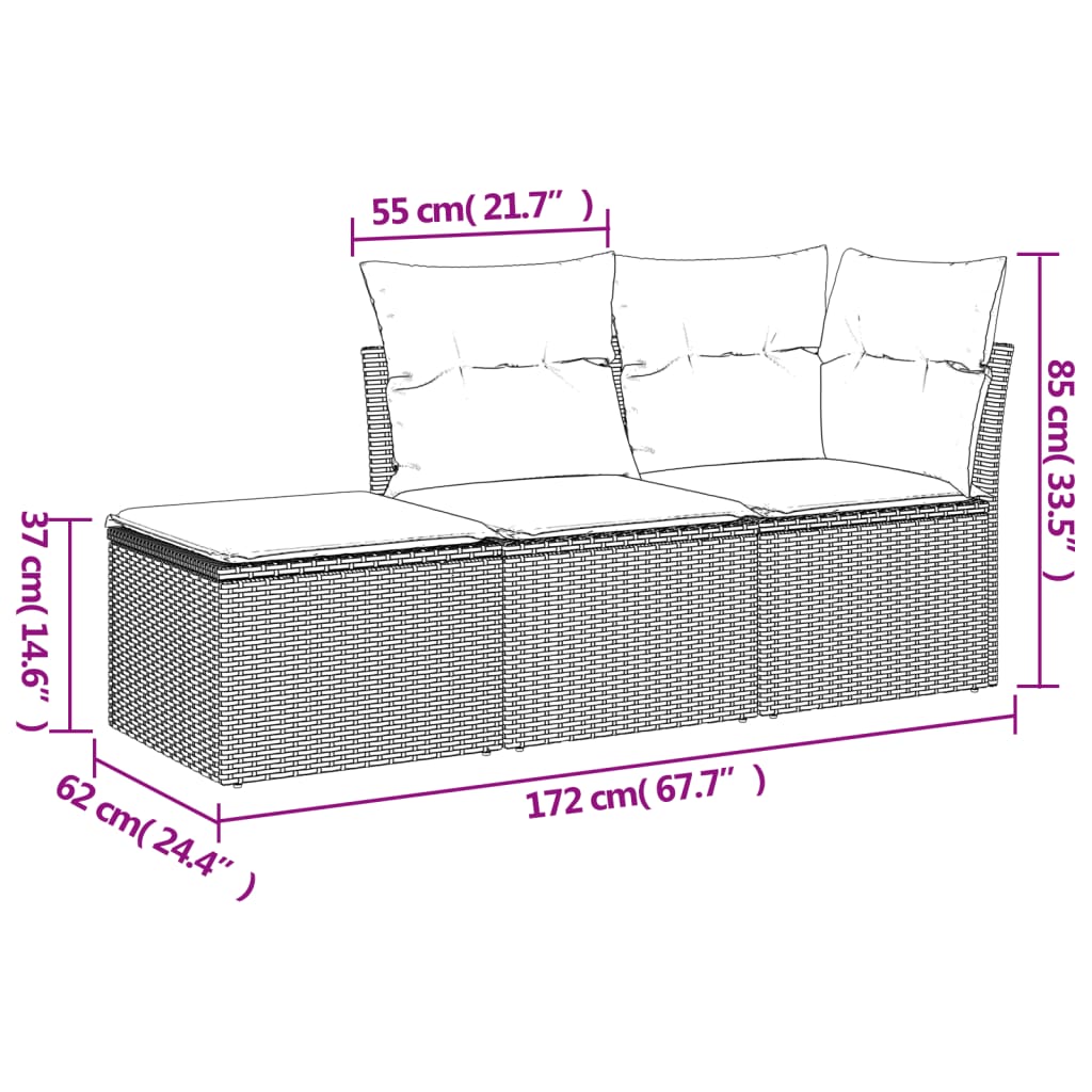 Set mobilier de grădină cu perne, 3 piese, negru, poliratan