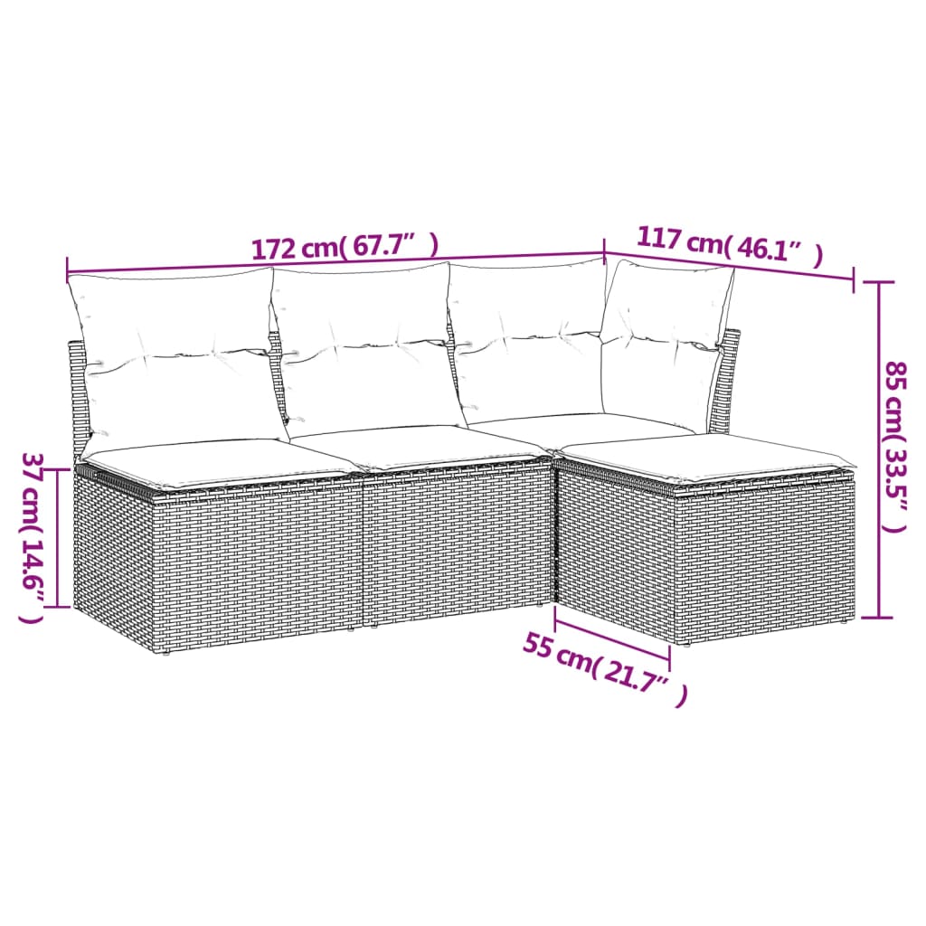 Set canapea de grădină cu perne, 4 piese, gri deschis poliratan