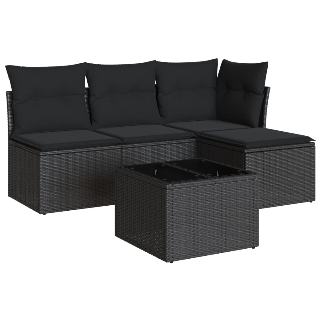 Set mobilier de grădină cu perne, 5 piese, negru, poliratan