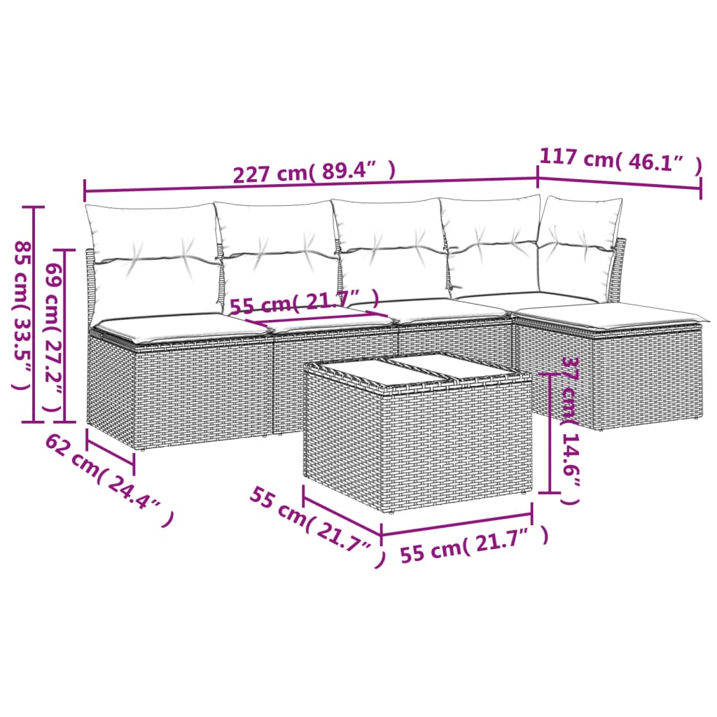 Set canapele de grădină cu perne, 6 piese, maro, poliratan