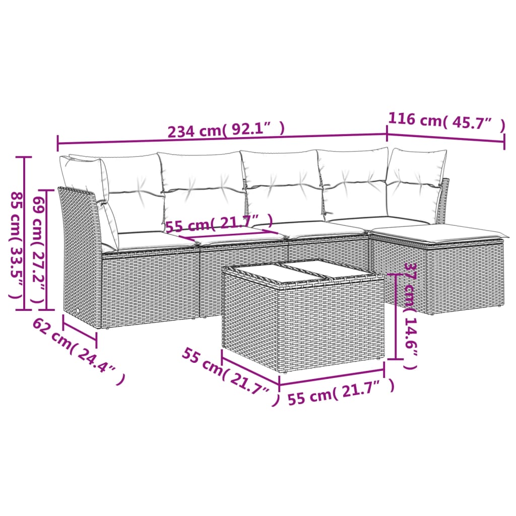 Set mobilier grădină cu perne, 6 piese, gri, poliratan