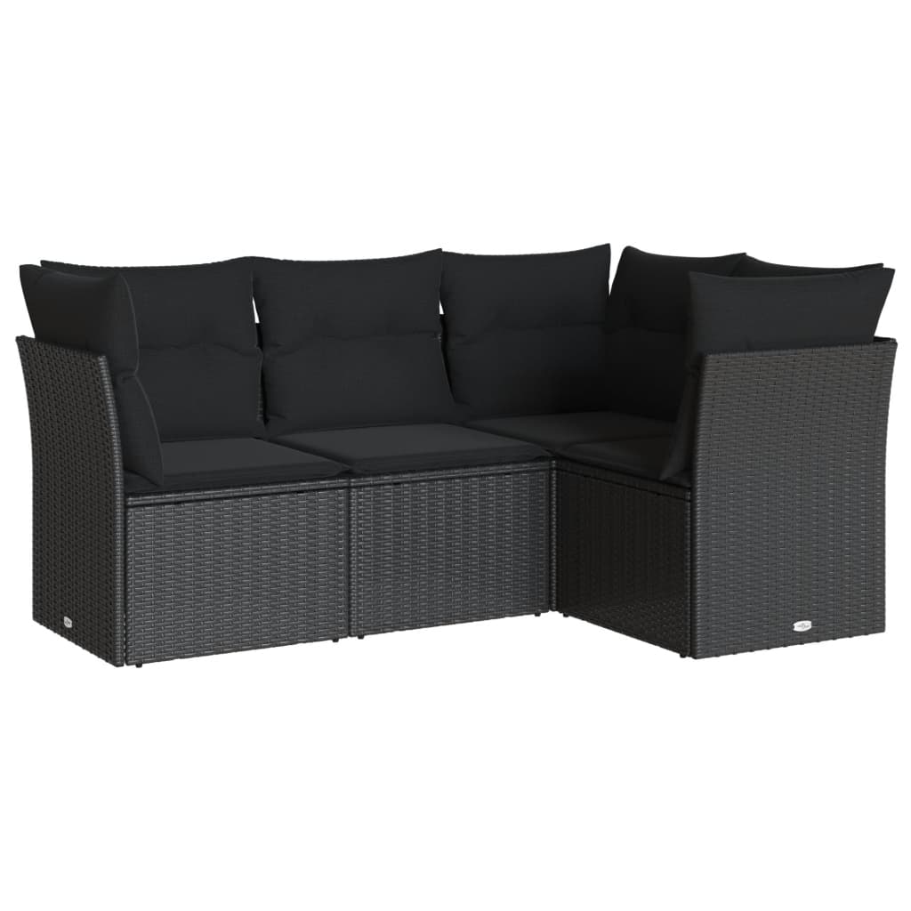 Set mobilier de grădină cu perne, 4 piese, negru, poliratan