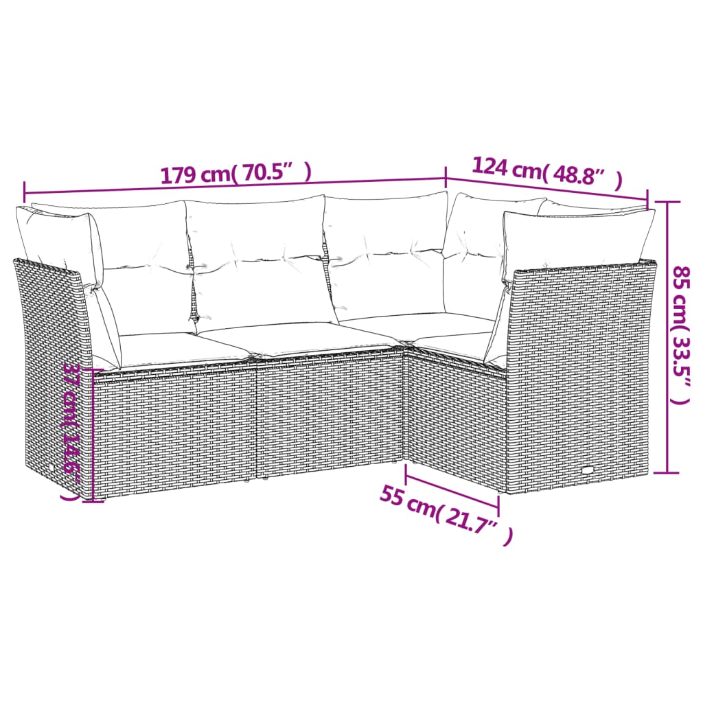 Set canapea de grădină cu perne, 4 piese, gri, poliratan