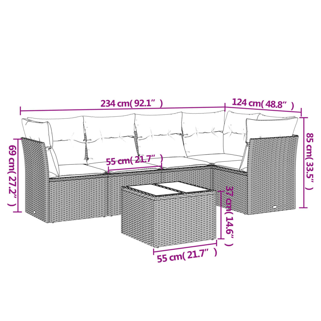 Set mobilier grădină cu perne, 6 piese, gri, poliratan