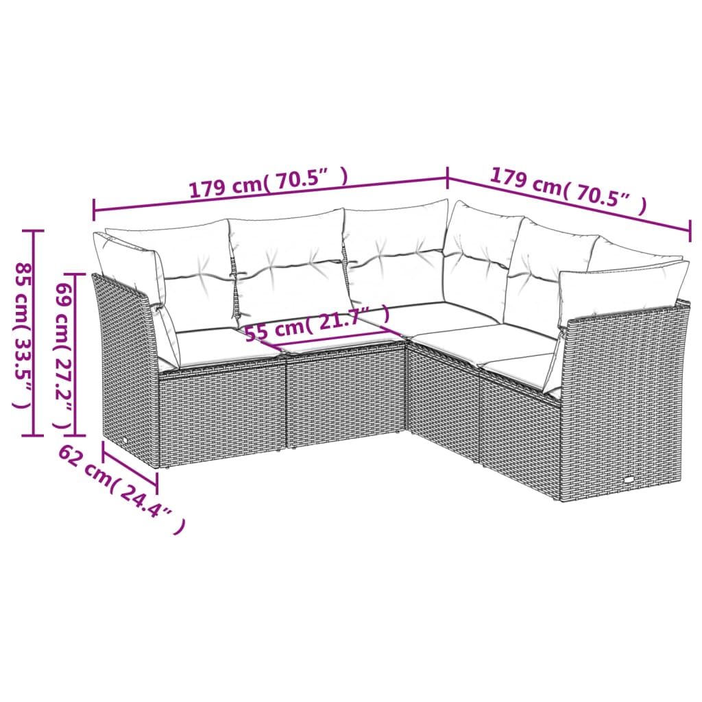 Set mobilier de grădină cu perne, 5 piese, negru, poliratan