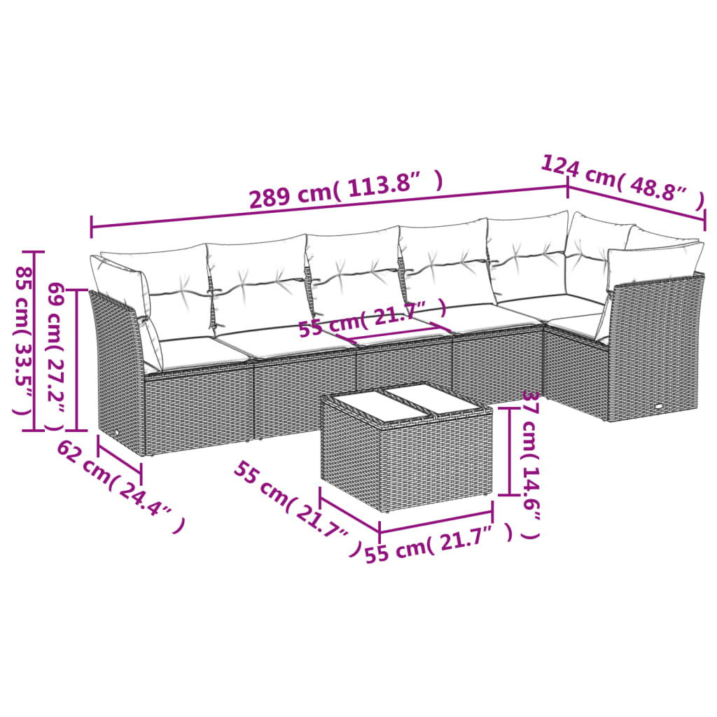 Set canapele de grădină cu perne, 7 piese, negru, poliratan