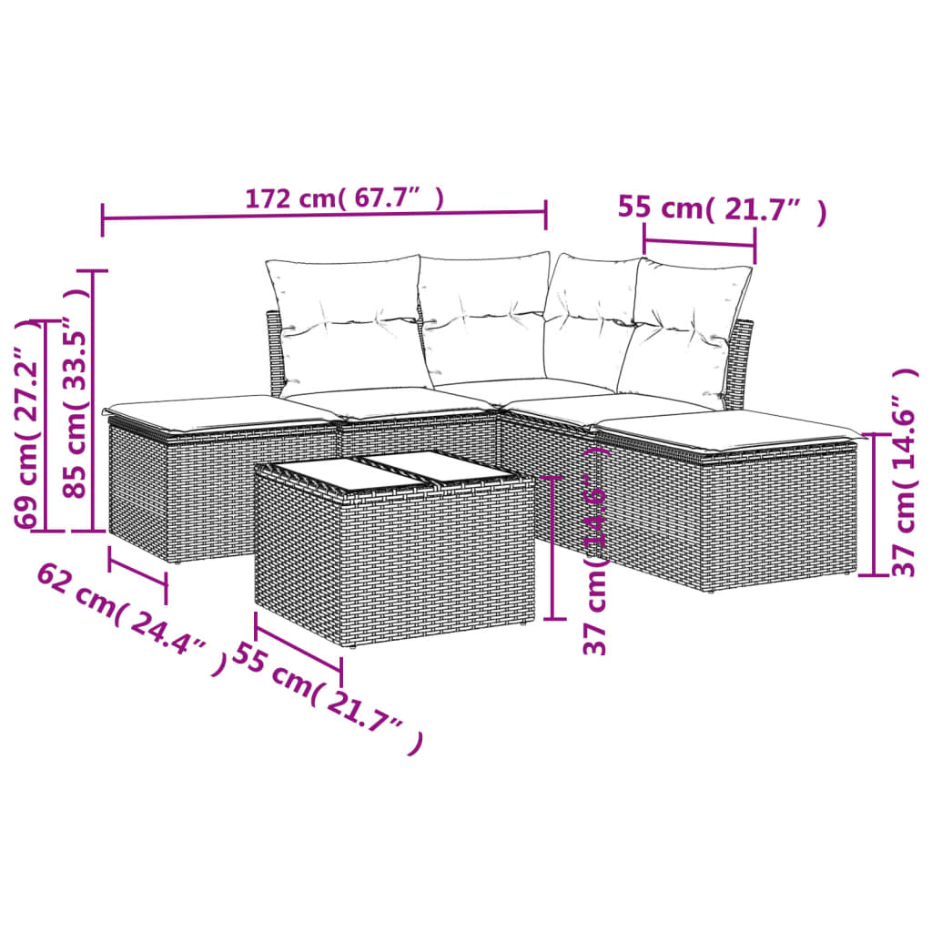 Set canapele de grădină cu perne, 6 piese, maro, poliratan