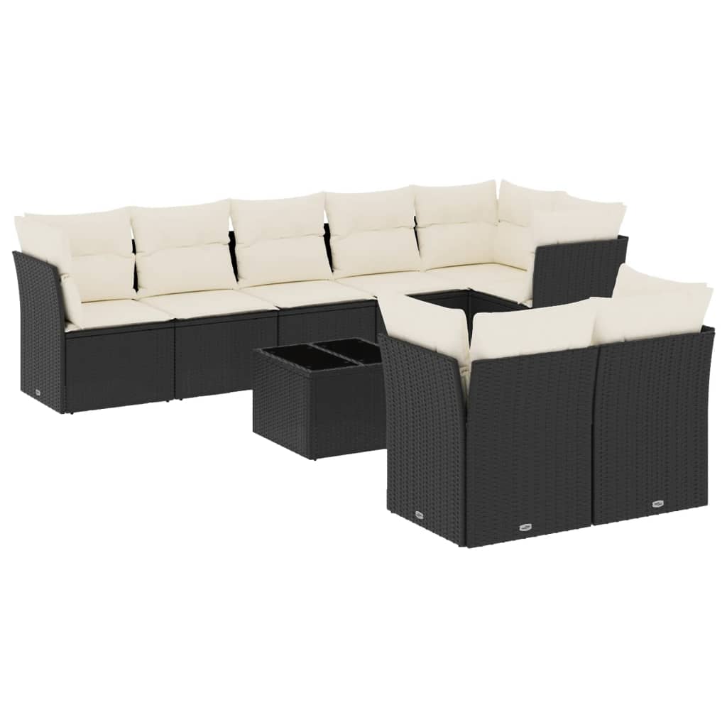 Set mobilier de grădină cu perne, 9 piese, negru, poliratan