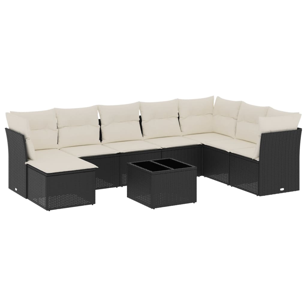 Set mobilier de grădină cu perne, 9 piese, negru, poliratan