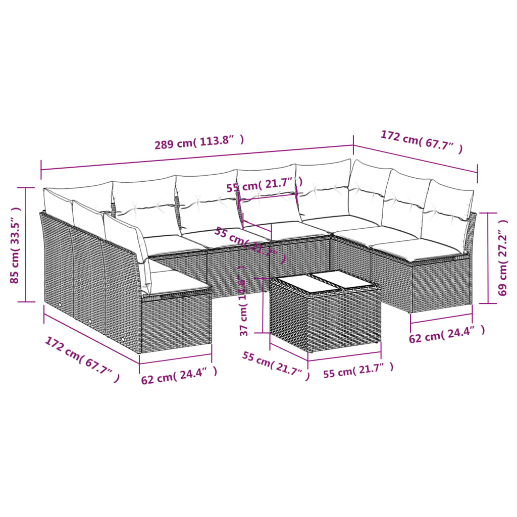 Set mobilier de grădină cu perne, 10 piese, gri, poliratan