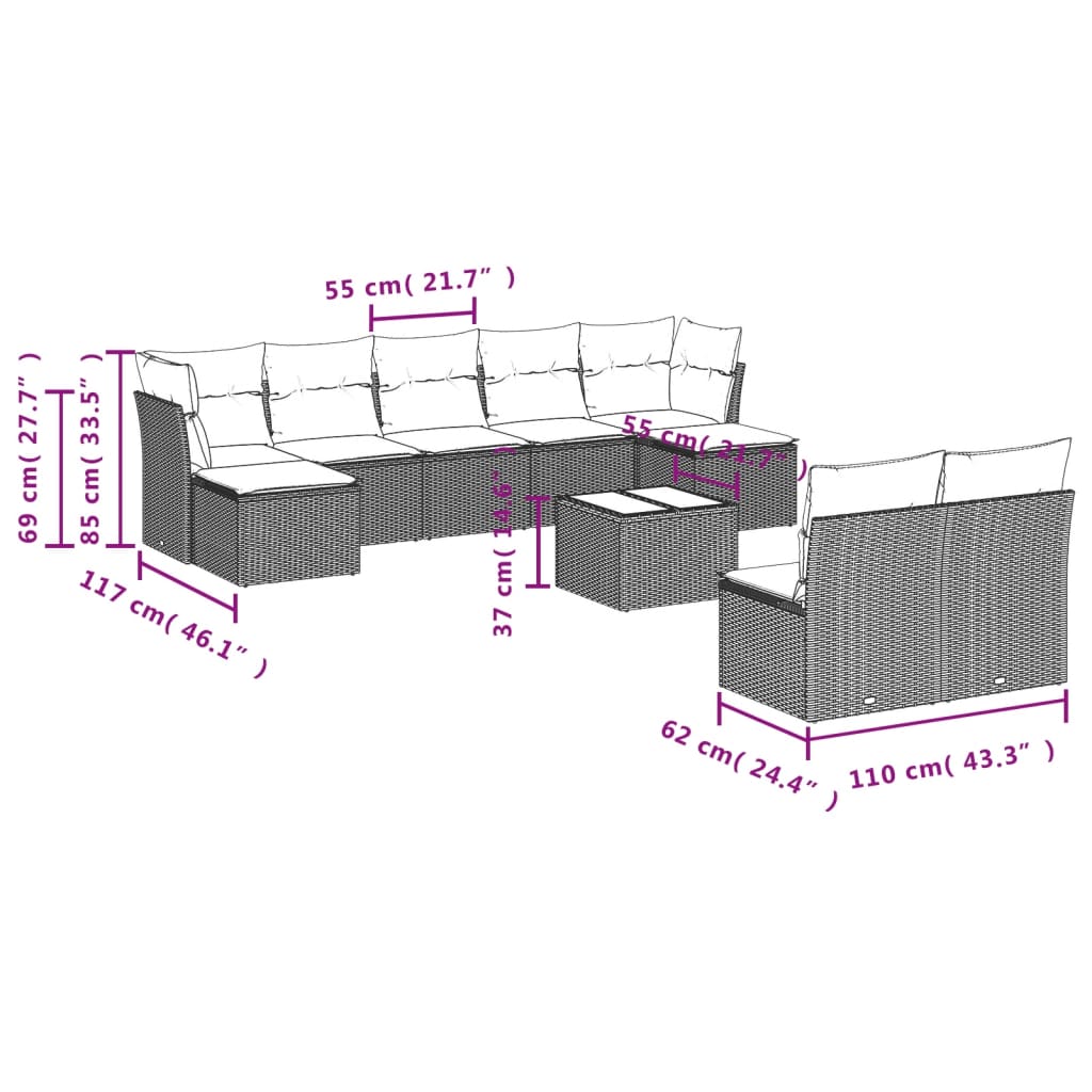 Set mobilier de grădină cu perne, 10 piese, gri, poliratan