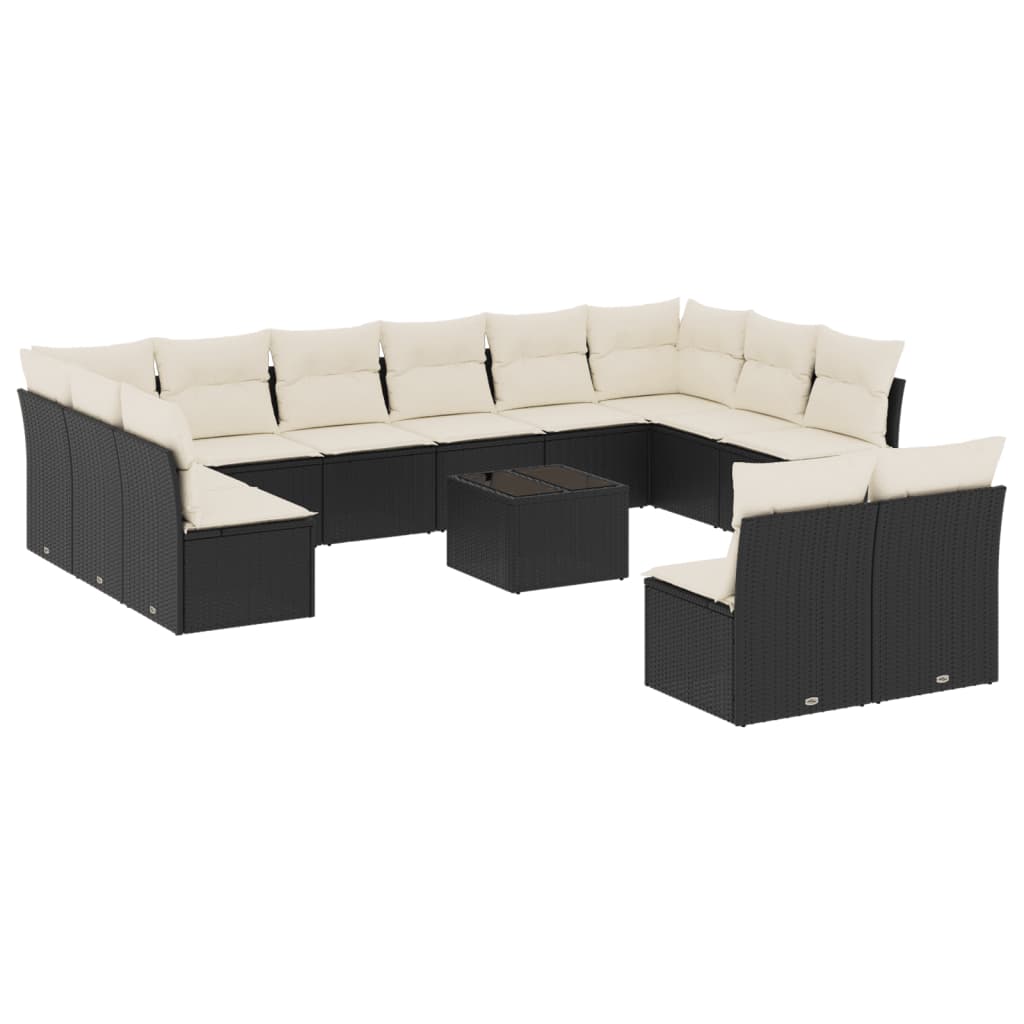 Set mobilier de grădină cu perne, 13 piese, negru, poliratan