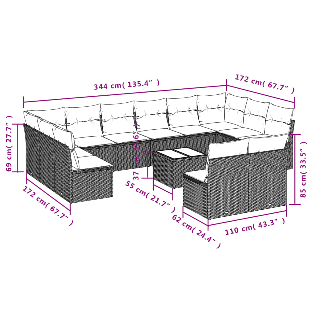 Set mobilier de grădină cu perne, 13 piese, negru, poliratan