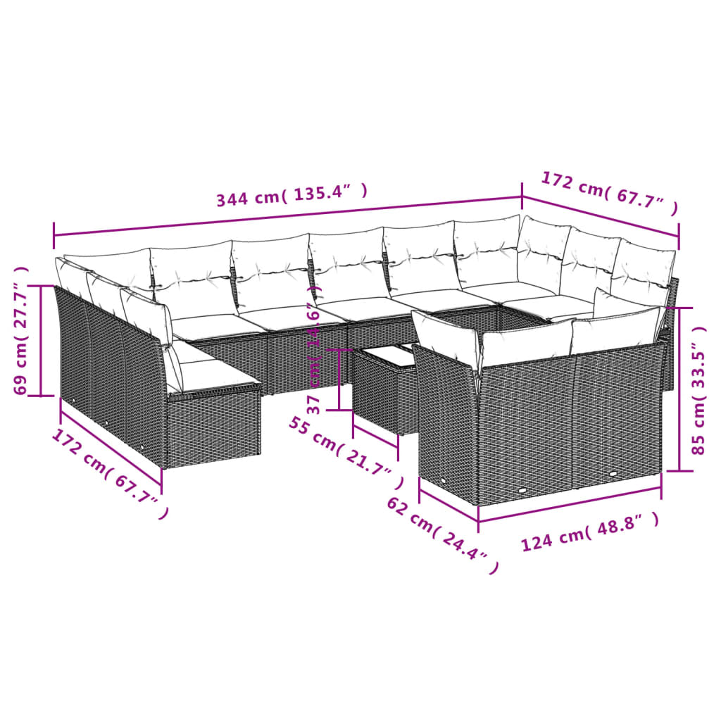 Set mobilier de grădină cu perne, 13 piese, gri, poliratan