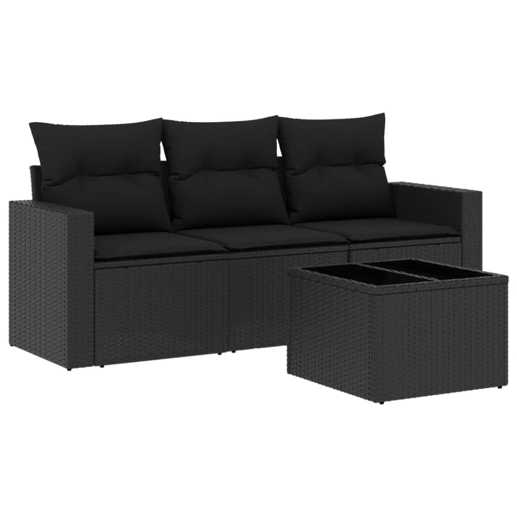 Set mobilier de grădină cu perne, 4 piese, negru, poliratan