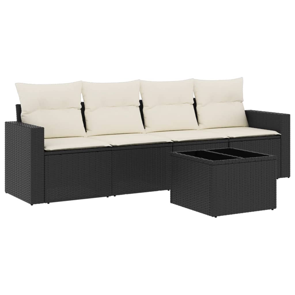 Set mobilier de grădină cu perne, 5 piese, negru, poliratan