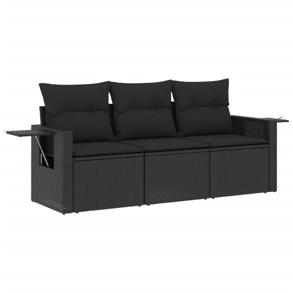 Set mobilier de grădină cu perne, 3 piese, negru, poliratan