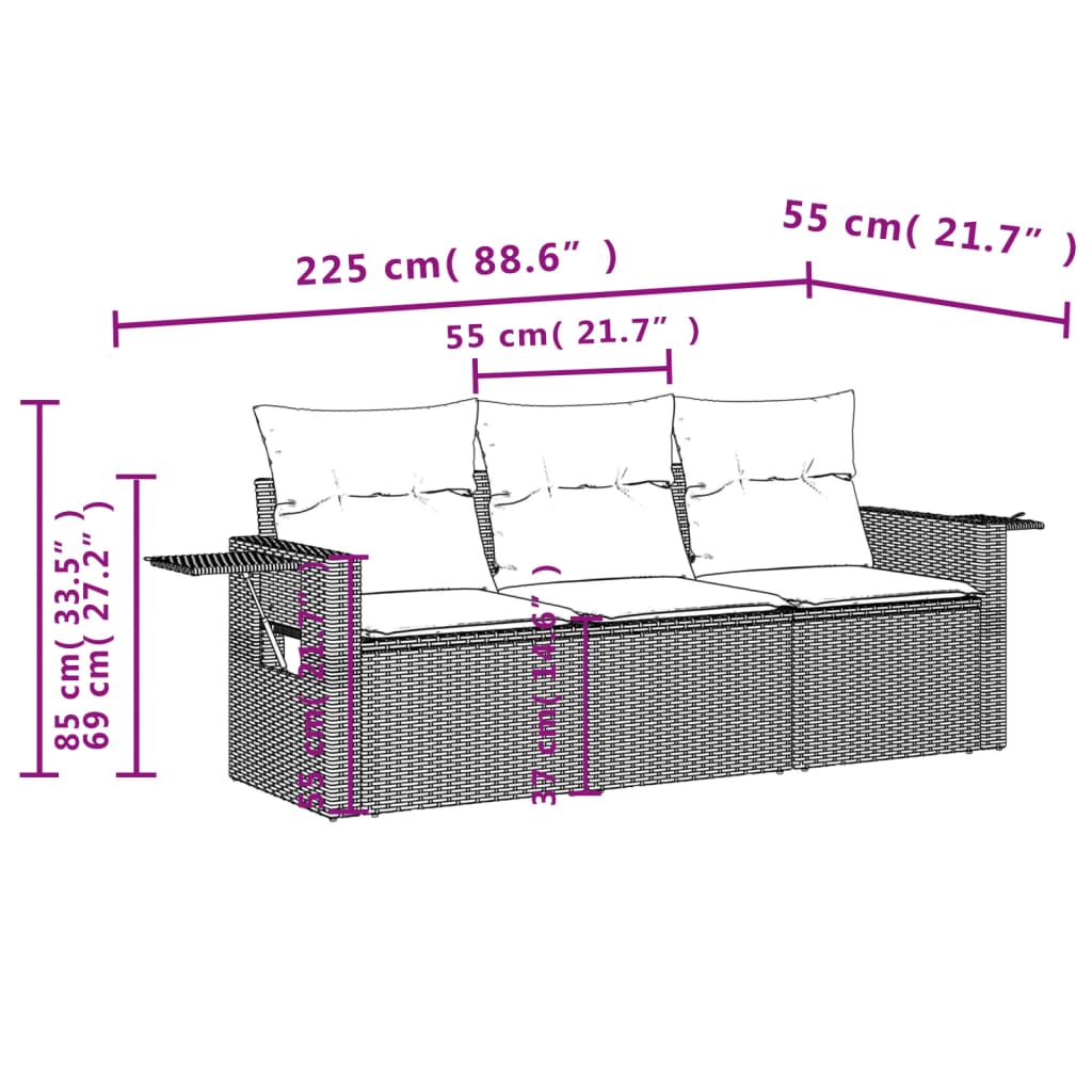 Set mobilier de grădină cu perne, 3 piese, negru, poliratan