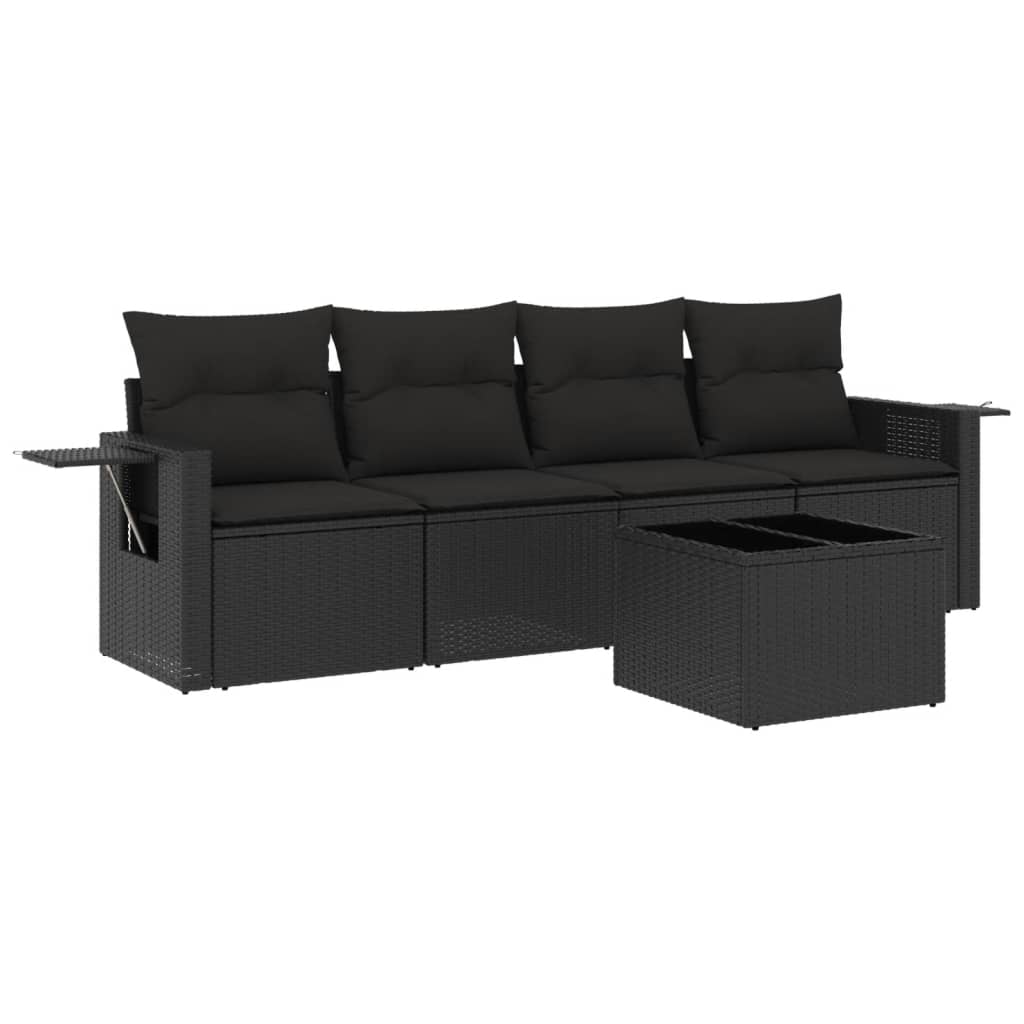 Set mobilier de grădină cu perne, 5 piese, negru, poliratan