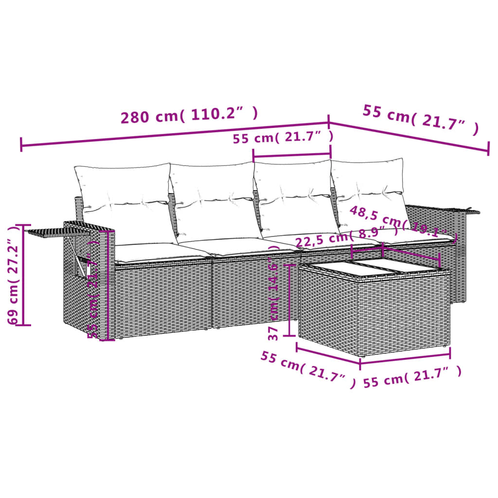 Set canapele de grădină cu perne, 5 piese, maro, poliratan