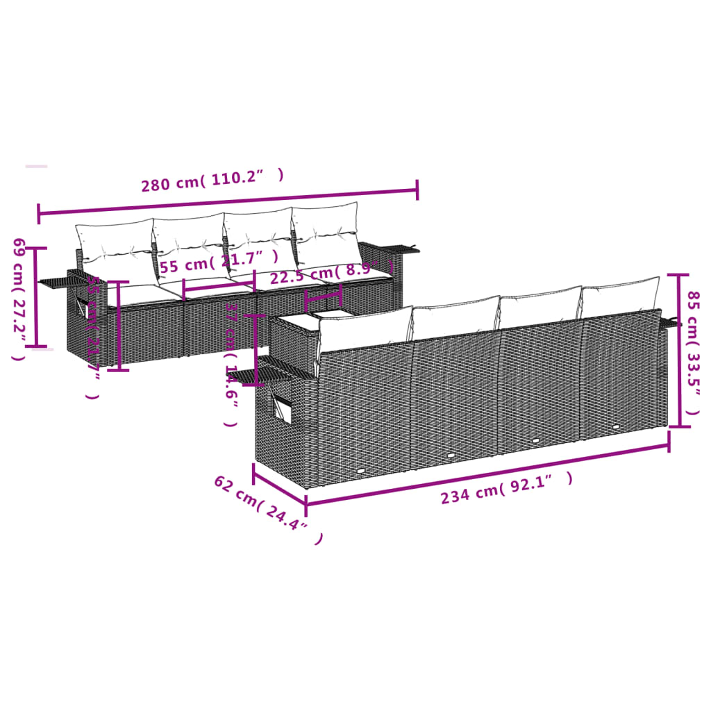 Set mobilier de grădină cu perne, 9 piese, negru, poliratan