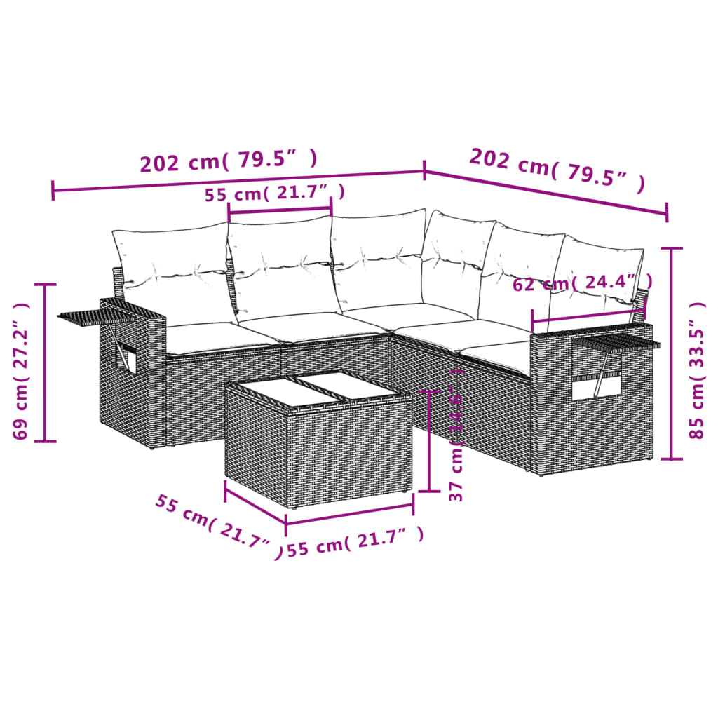 Set mobilier de grădină cu perne, 6 piese, negru, poliratan