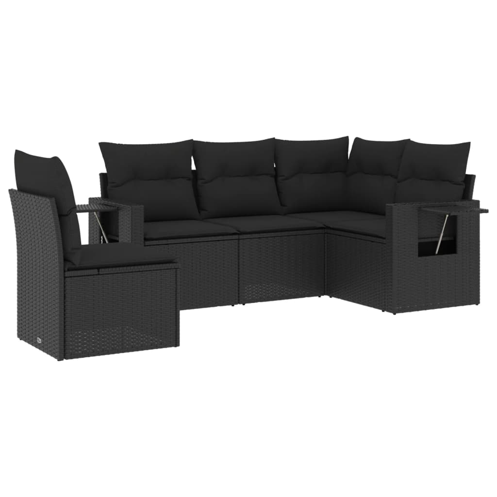 Set mobilier de grădină cu perne, 5 piese, negru, poliratan