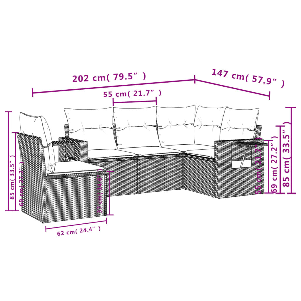 Set mobilier de grădină cu perne, 5 piese, negru, poliratan