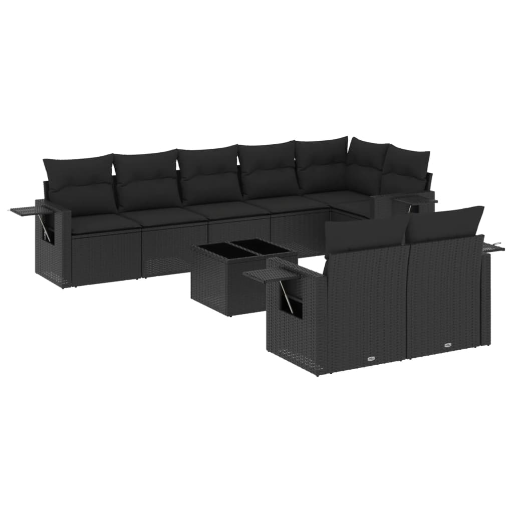 Set mobilier de grădină cu perne, 9 piese, negru, poliratan