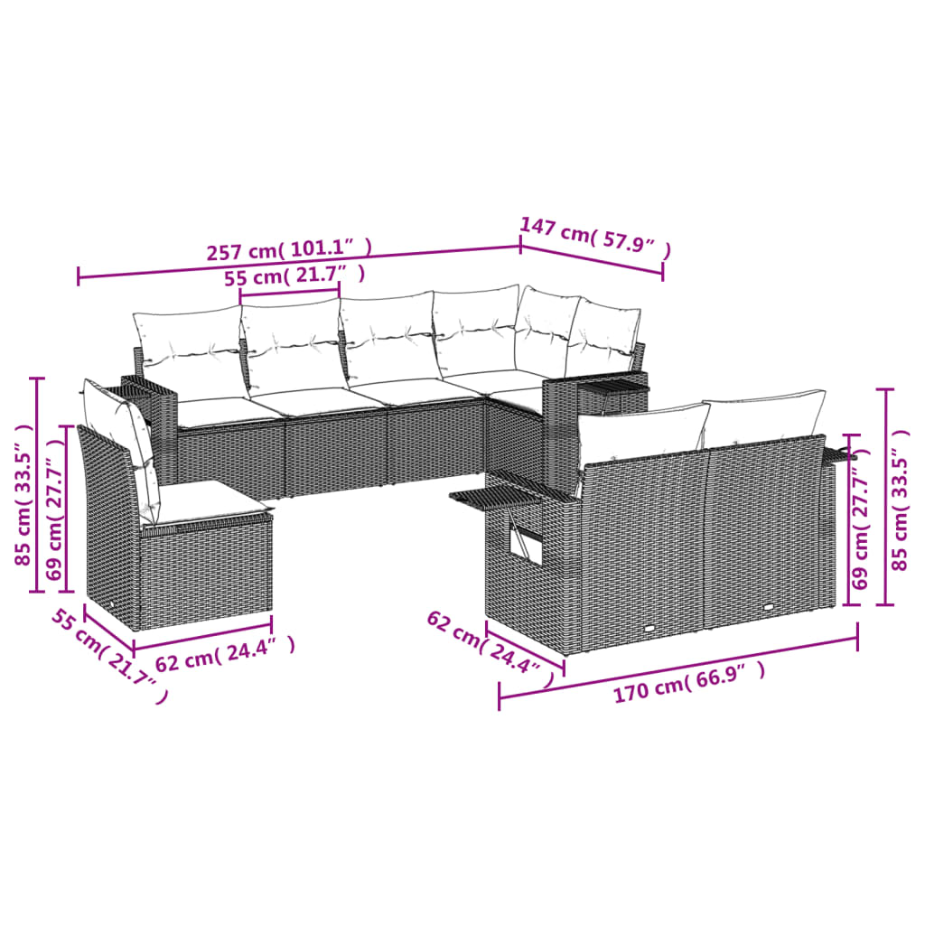 Set mobilier de grădină cu perne, 8 piese, negru, poliratan