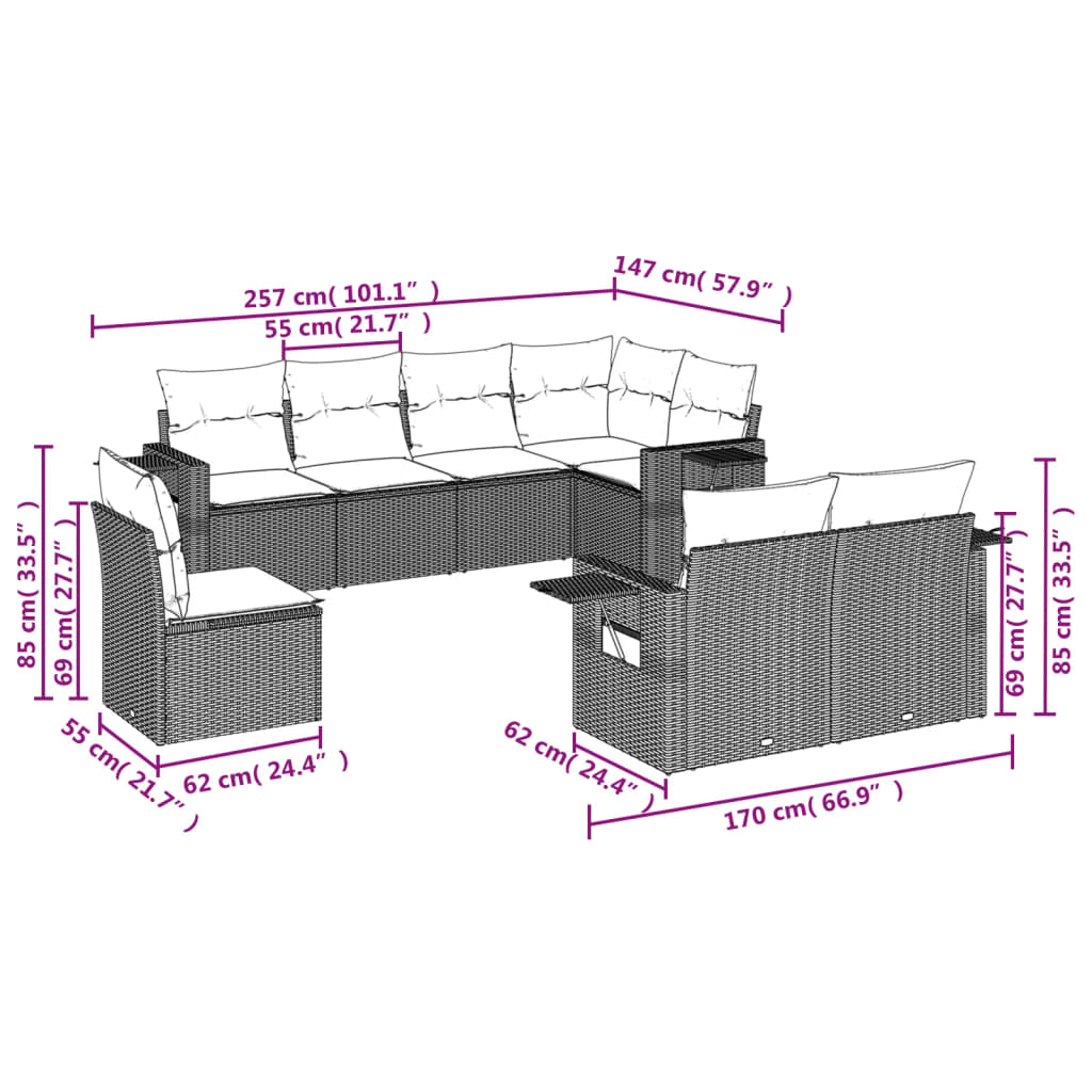 Set mobilier de grădină cu perne, 8 piese, negru, poliratan - Lando