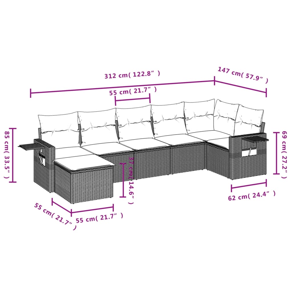 Set canapele de grădină cu perne, 7 piese, negru, poliratan