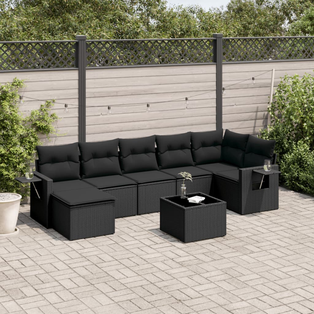 Set mobilier de grădină cu perne, 8 piese, negru, poliratan