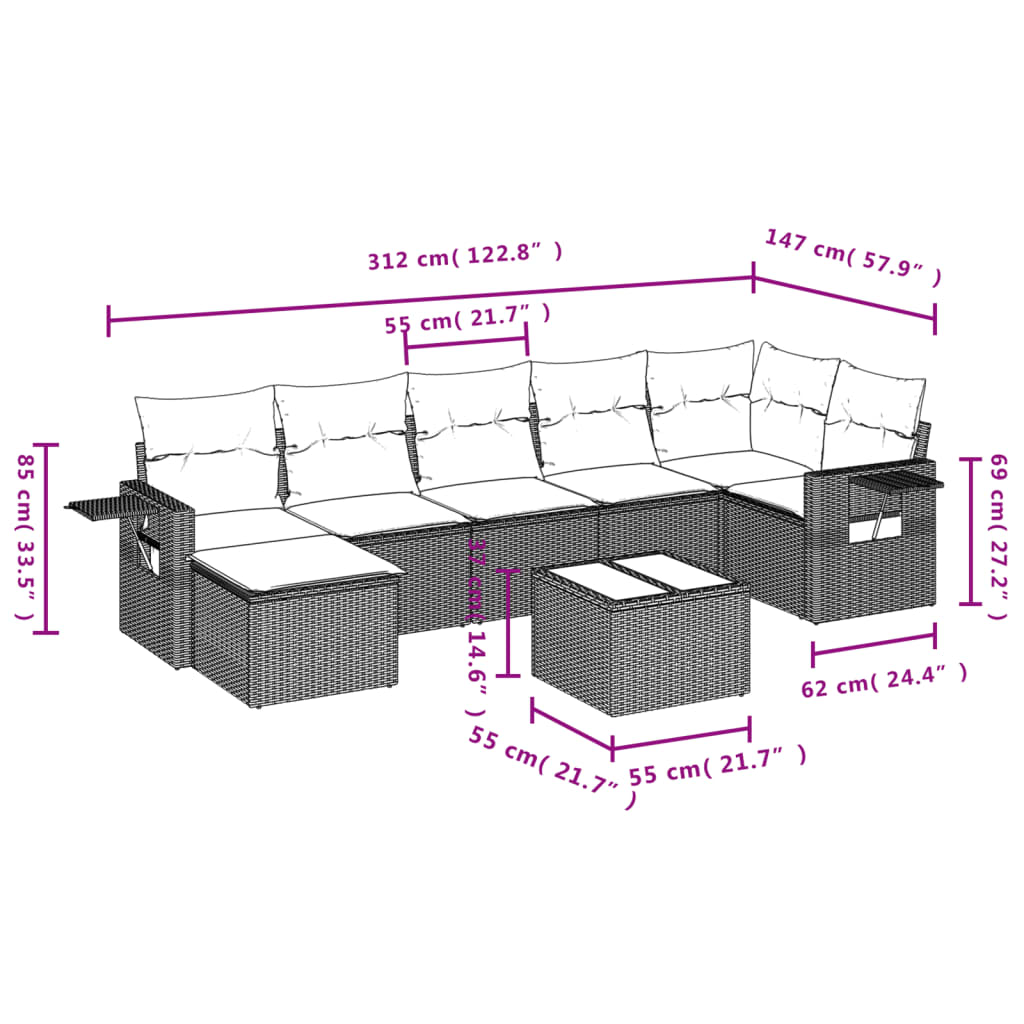 Set canapele de grădină cu perne, 8 piese, gri, poliratan