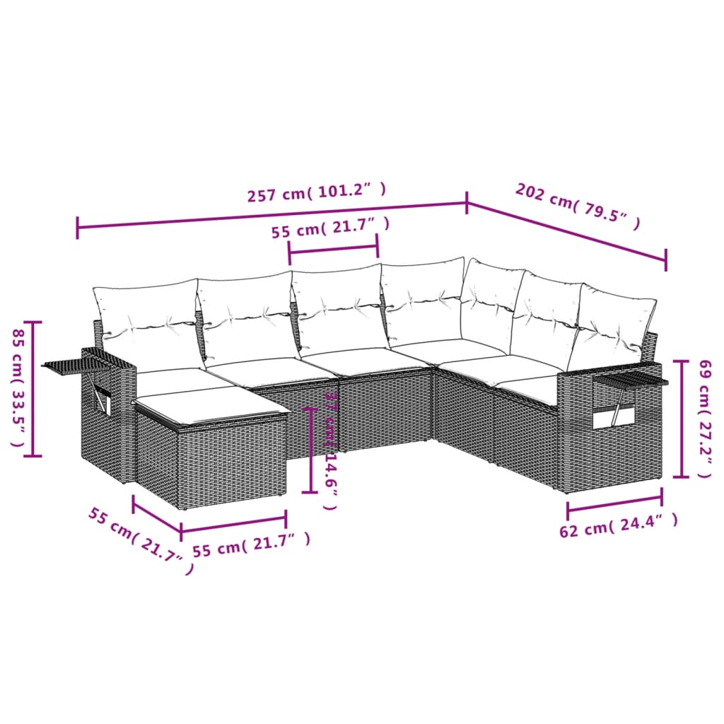 Set canapele de grădină cu perne, 7 piese, negru, poliratan