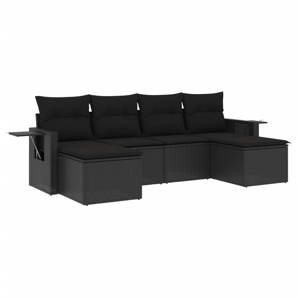 Set mobilier de grădină cu perne, 6 piese, negru, poliratan