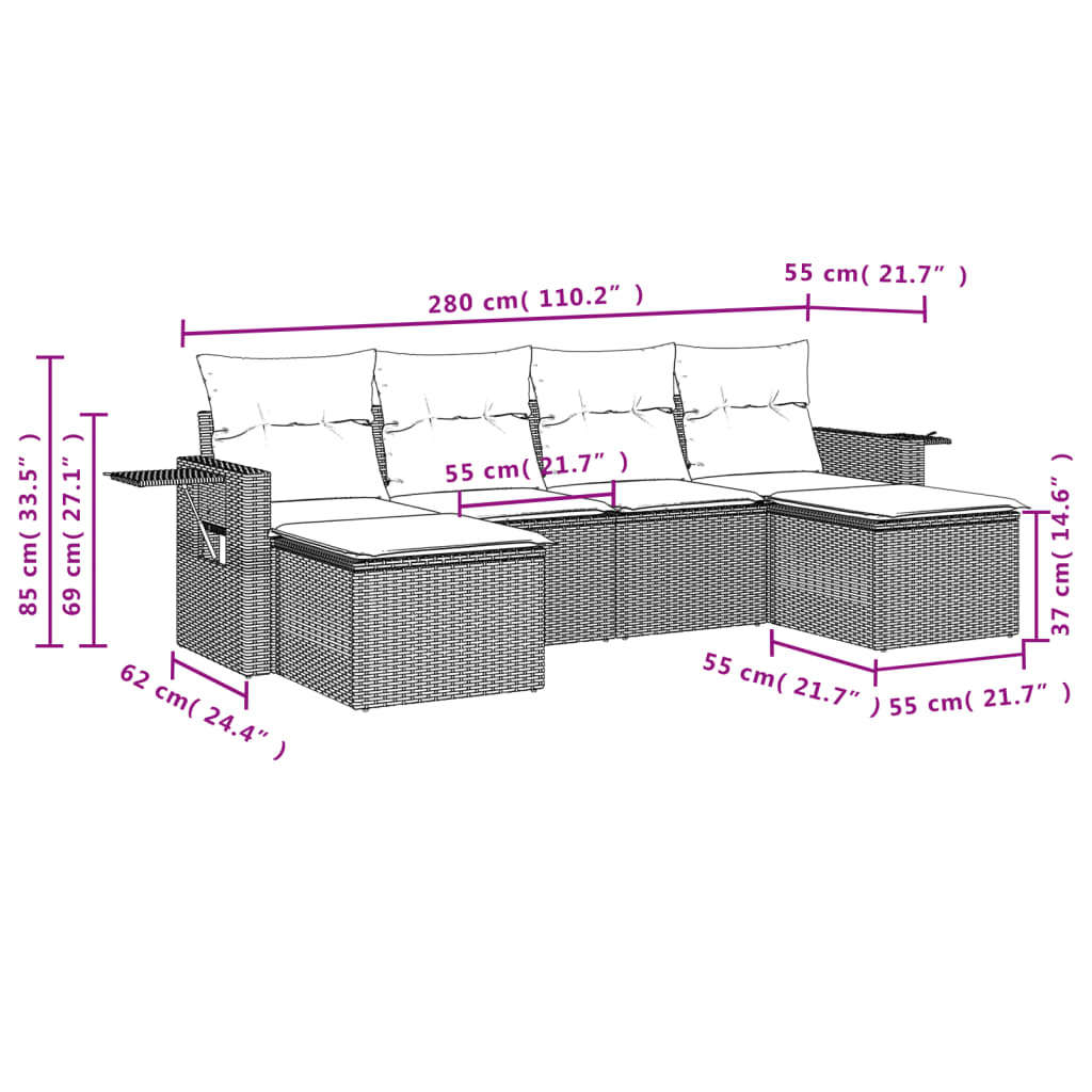 Set mobilier de grădină cu perne, 6 piese, negru, poliratan