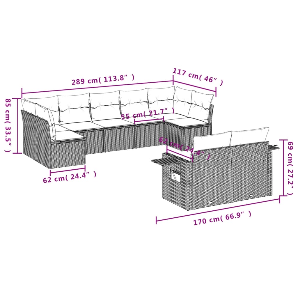 Set mobilier de grădină cu perne, 9 piese, negru, poliratan