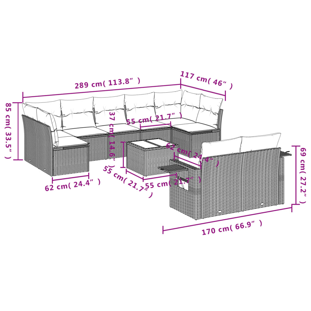 Set mobilier de grădină cu perne, 10 piese, gri, poliratan