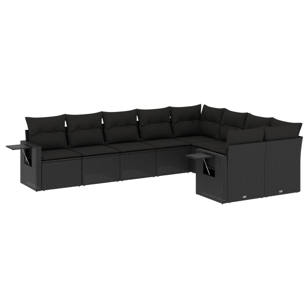 Set mobilier de grădină cu perne, 9 piese, negru, poliratan