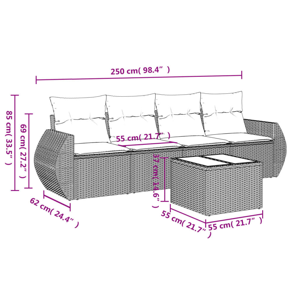 Set canapele de grădină cu perne, 5 piese, maro, poliratan