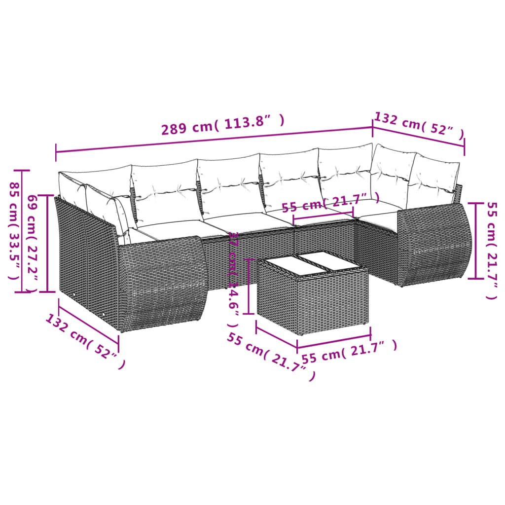 Set mobilier de grădină cu perne, 8 piese, negru, poliratan