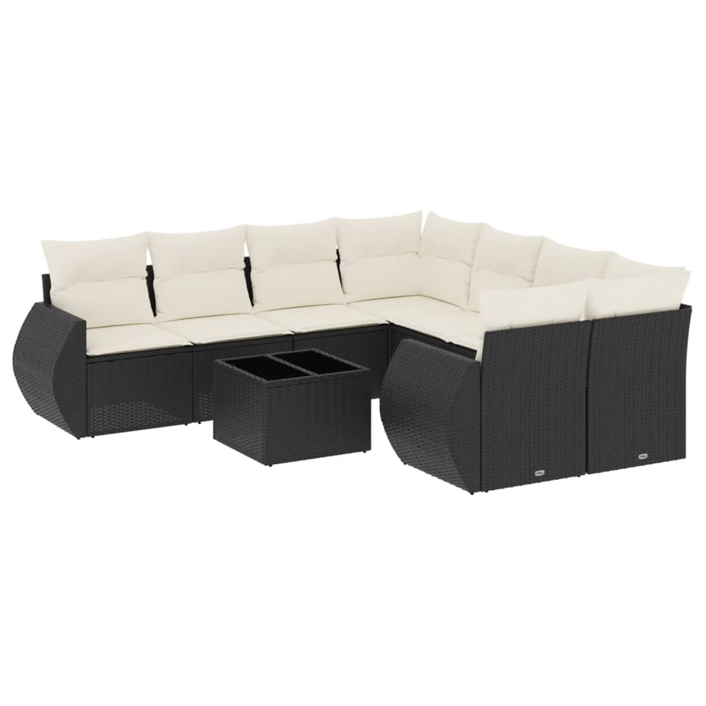 Set mobilier de grădină cu perne, 9 piese, negru, poliratan