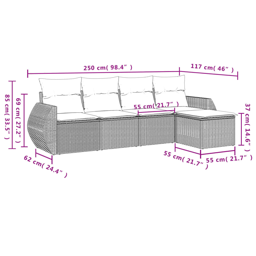 Set canapele de grădină cu perne, 5 piese, maro, poliratan