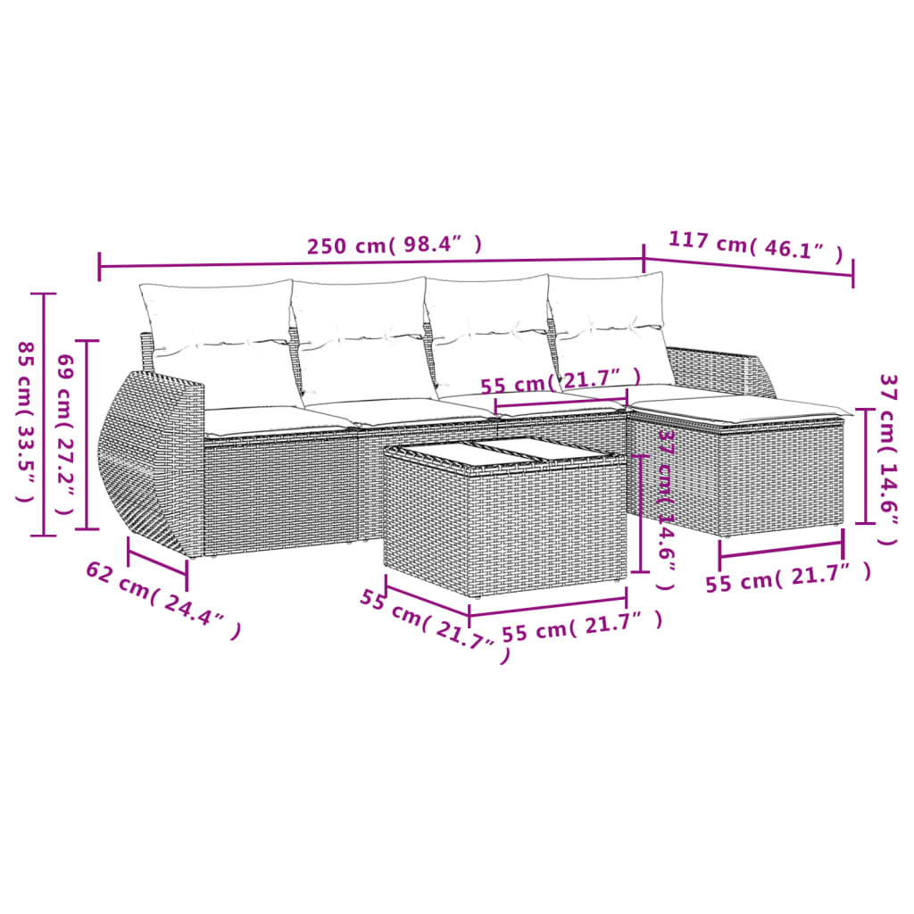 Set mobilier de grădină cu perne, 6 piese, negru, poliratan