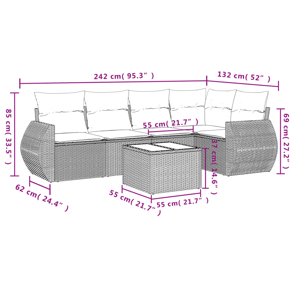 Set mobilier de grădină cu perne, 6 piese, negru, poliratan