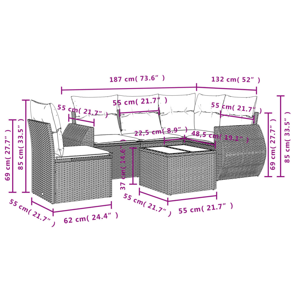 Set mobilier grădină cu perne, 6 piese, gri, poliratan