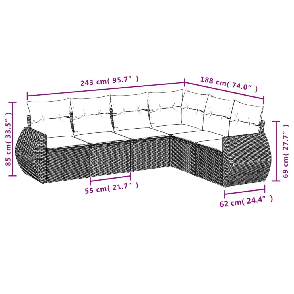 Set canapele de grădină cu perne, 6 piese, maro, poliratan