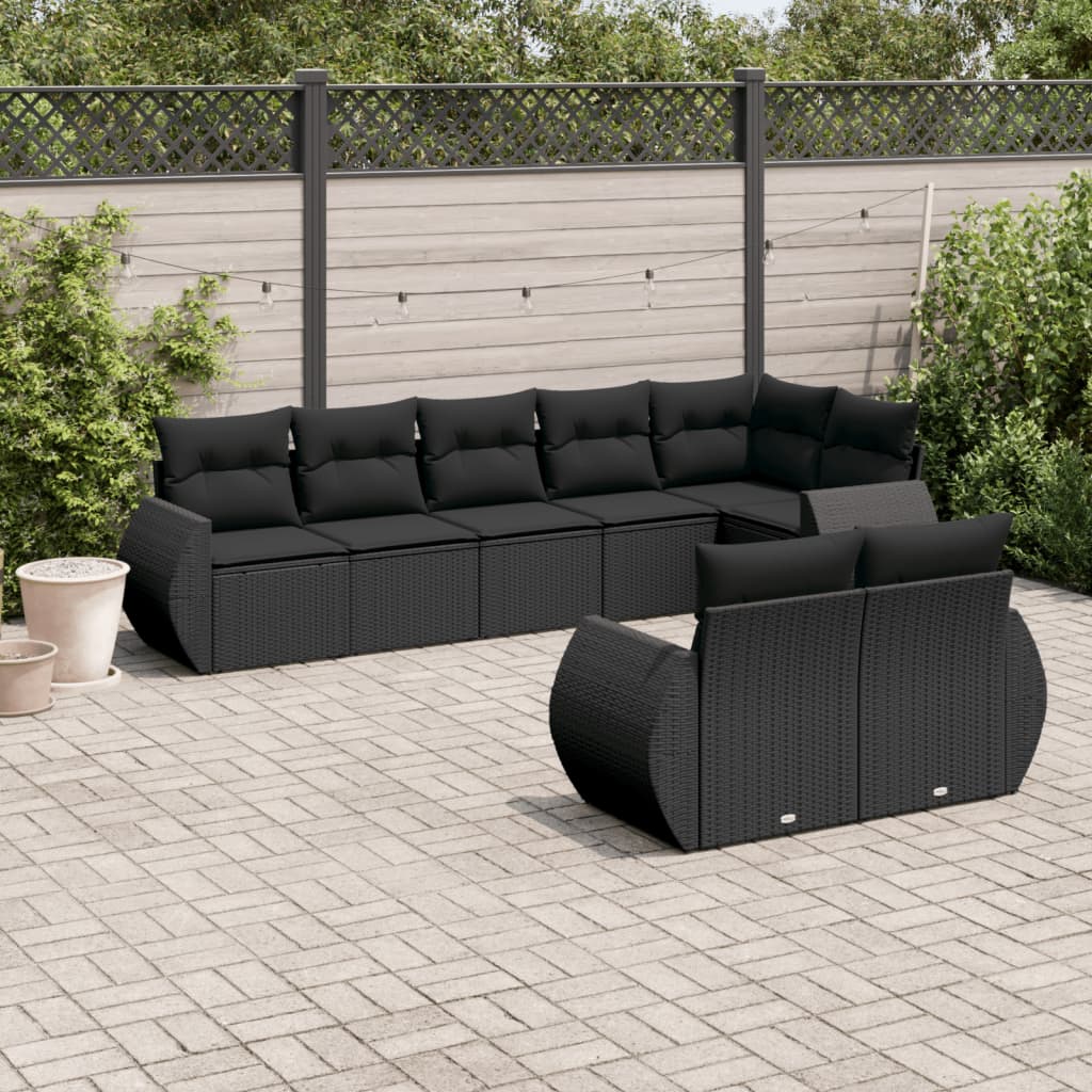 Set mobilier de grădină cu perne, 8 piese, negru, poliratan